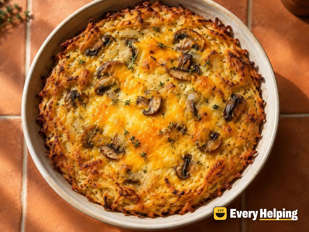 Hash Brown–Crusted Cheddar Mushroom Egg Bake