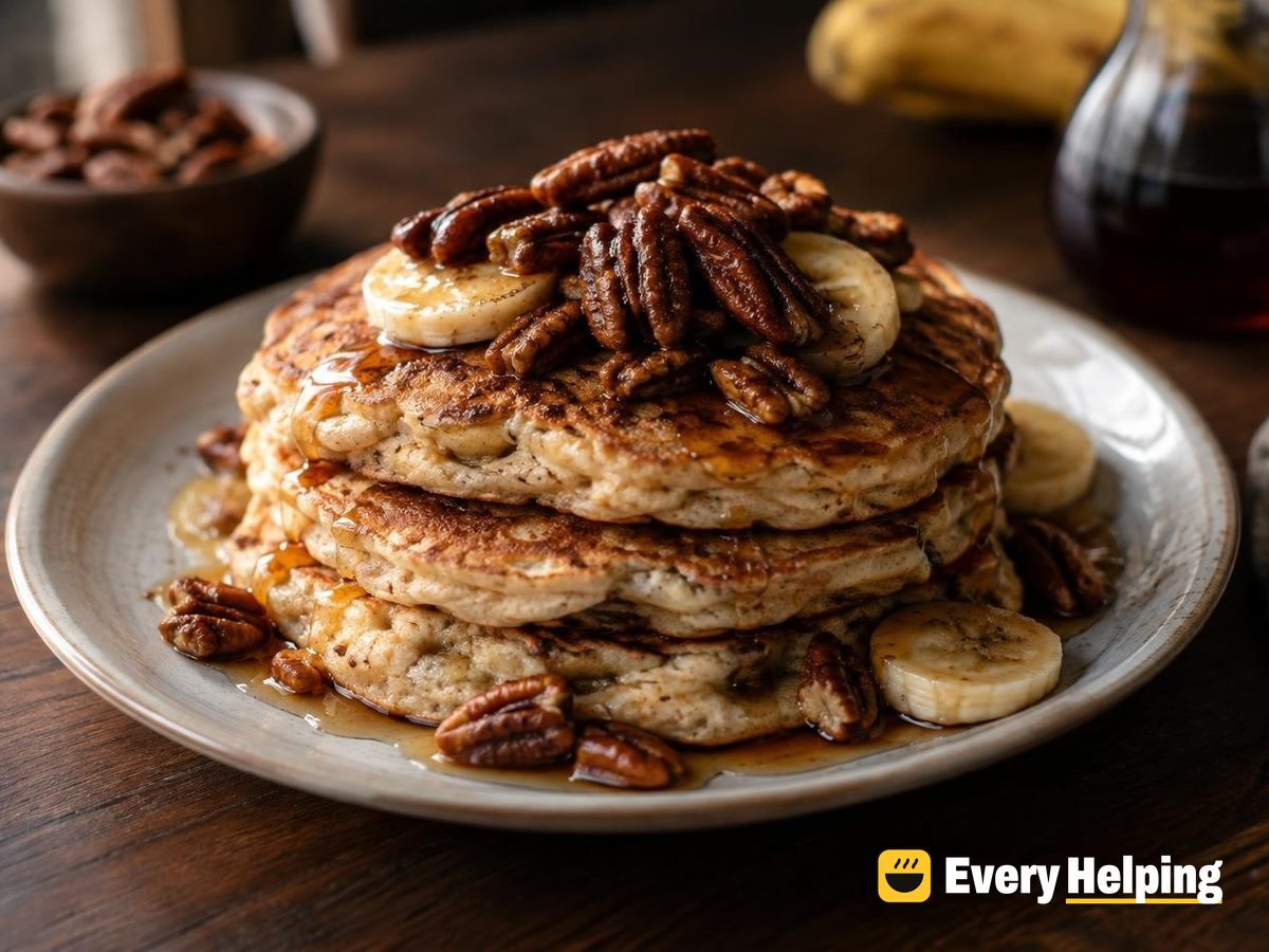 Fluffy Banana Oat Pancakes with Cinnamon Pecans