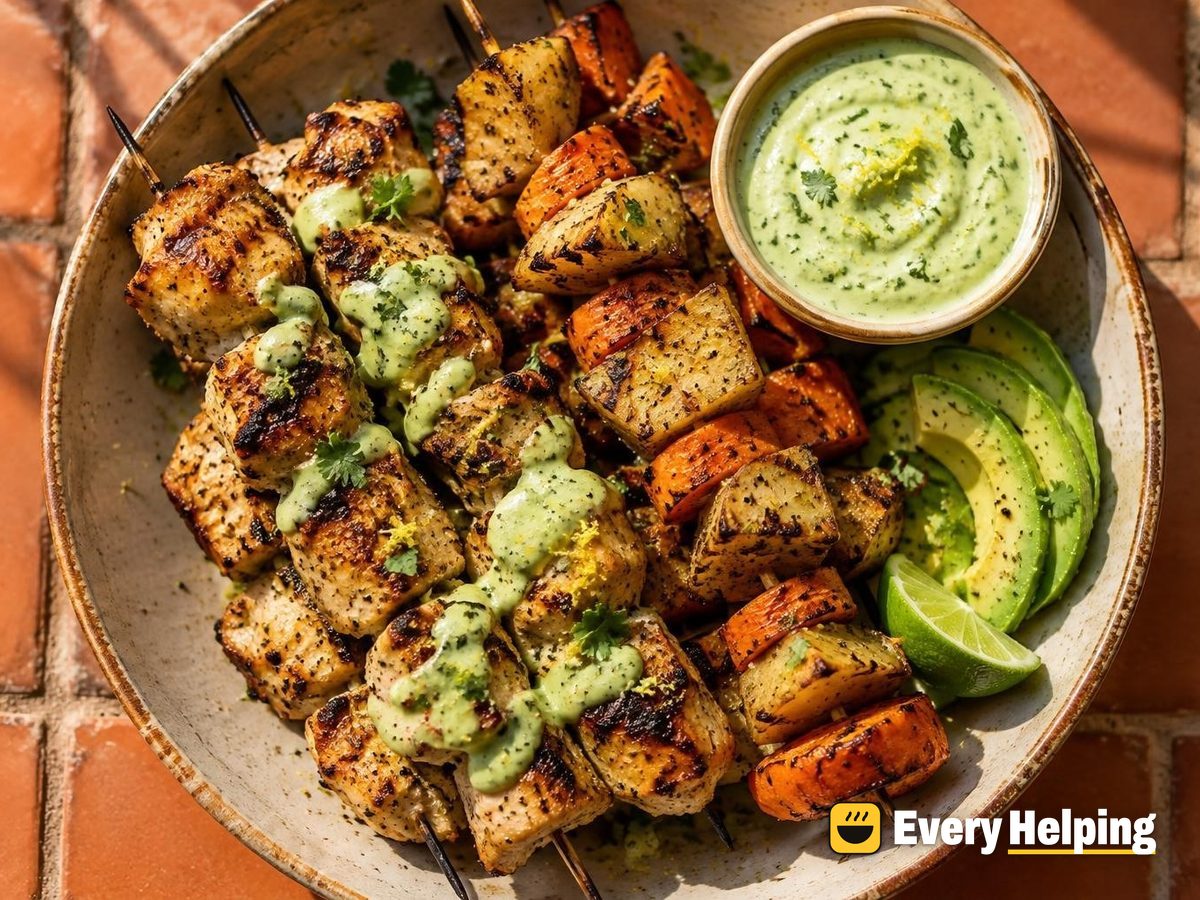 Lemon Pepper Chicken Skewers with Avocado Crema