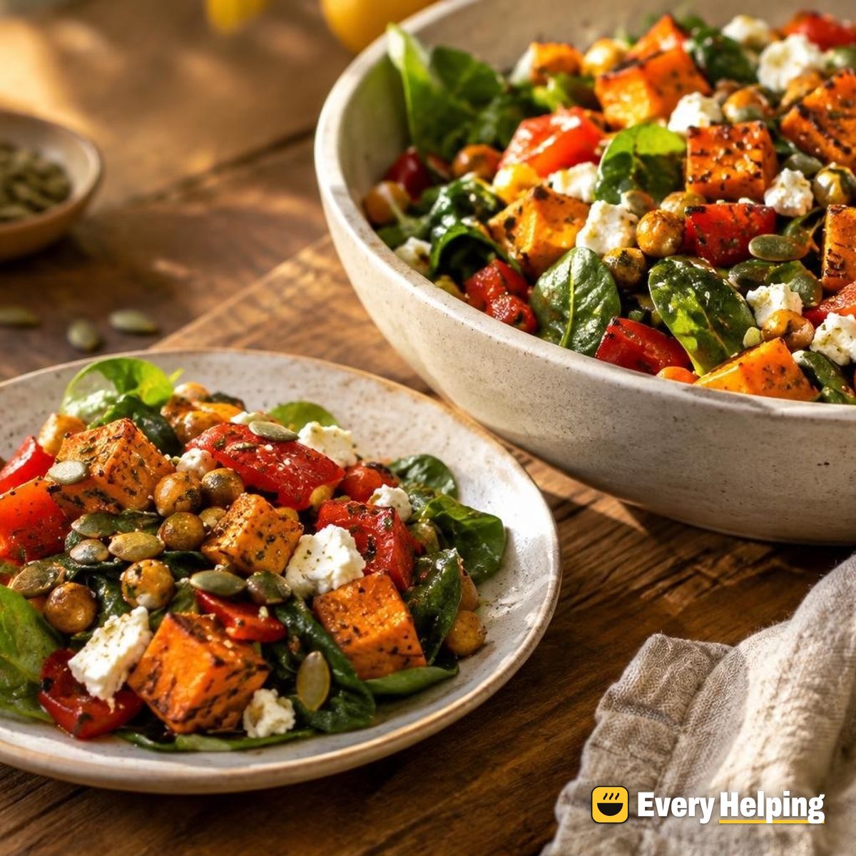 Roasted Sweet Potato, Chickpea and Feta Spinach Salad
