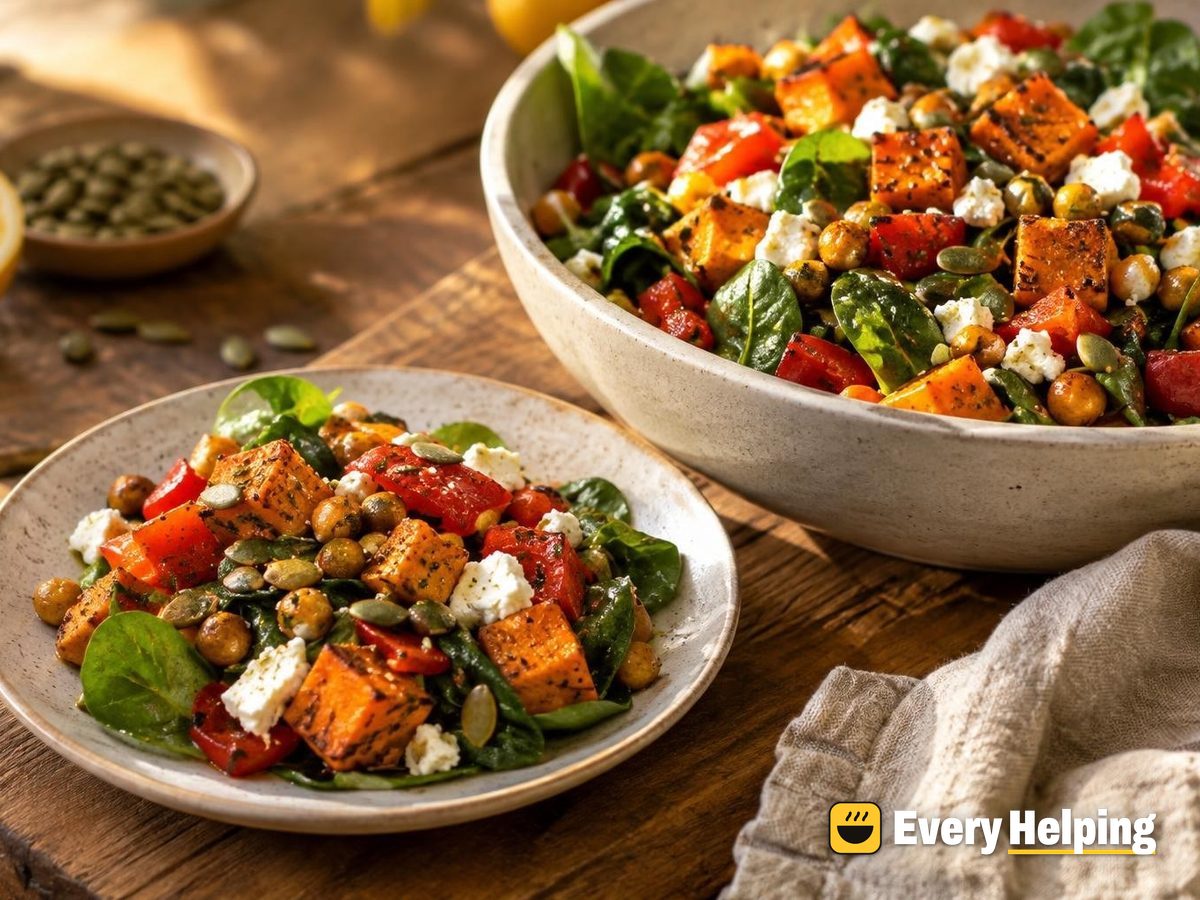 Roasted Sweet Potato, Chickpea and Feta Spinach Salad
