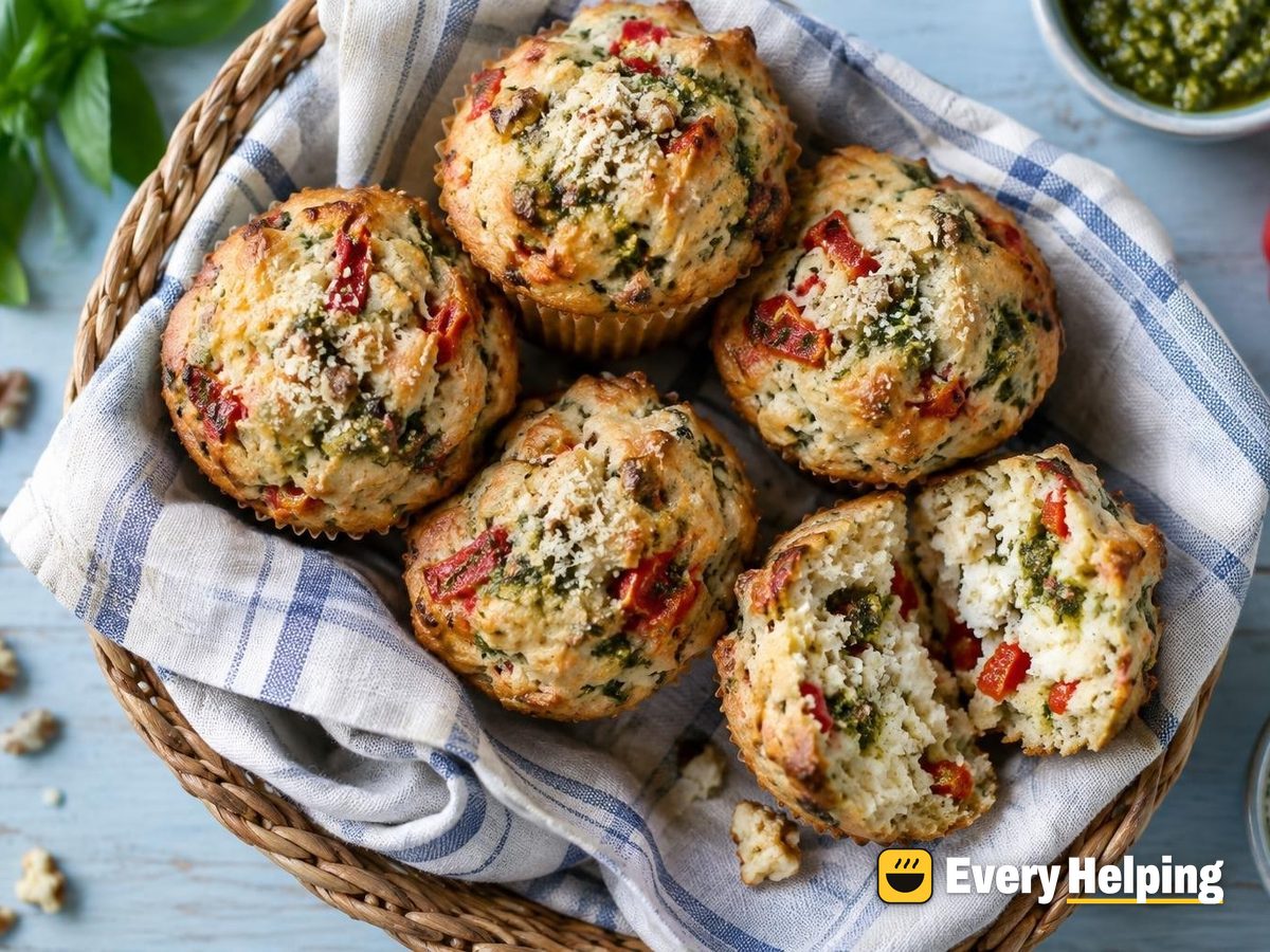 Basil Pesto Swirl Roasted Pepper Ricotta Muffins