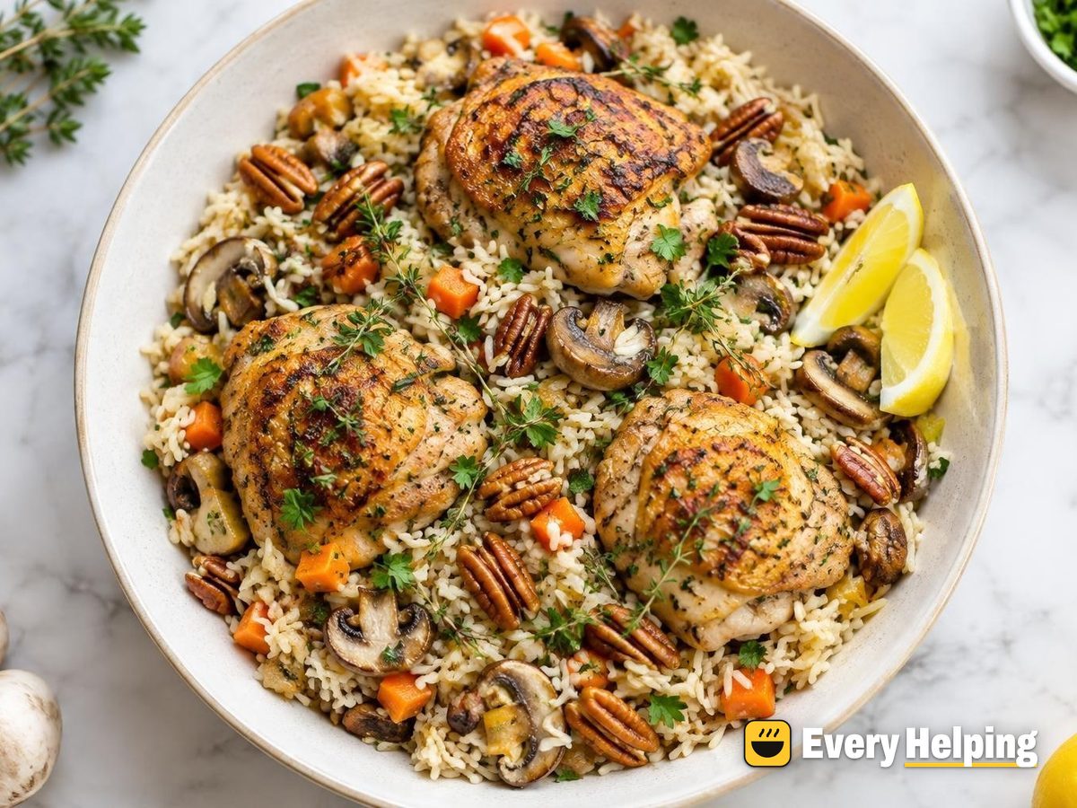 Chicken Thigh Mushroom Thyme Pilaf with Pecans