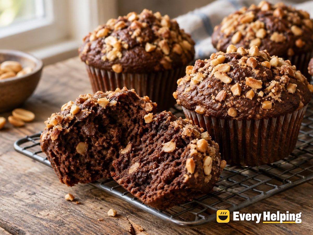 Chocolate Peanut Butter Muffins with Crunchy Peanut Tops