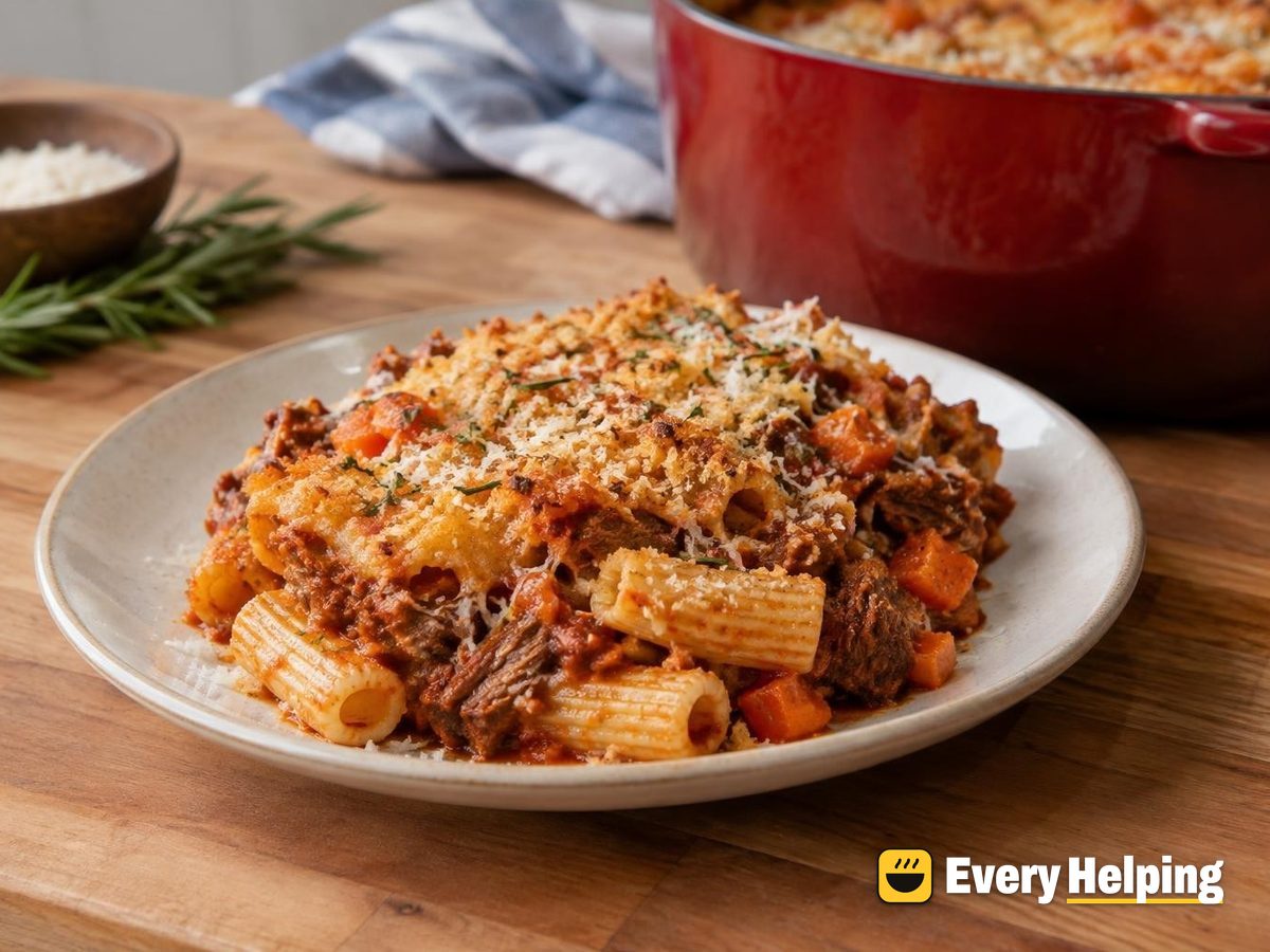 Beef Chuck Ragu Rigatoni Bake with Parmesan