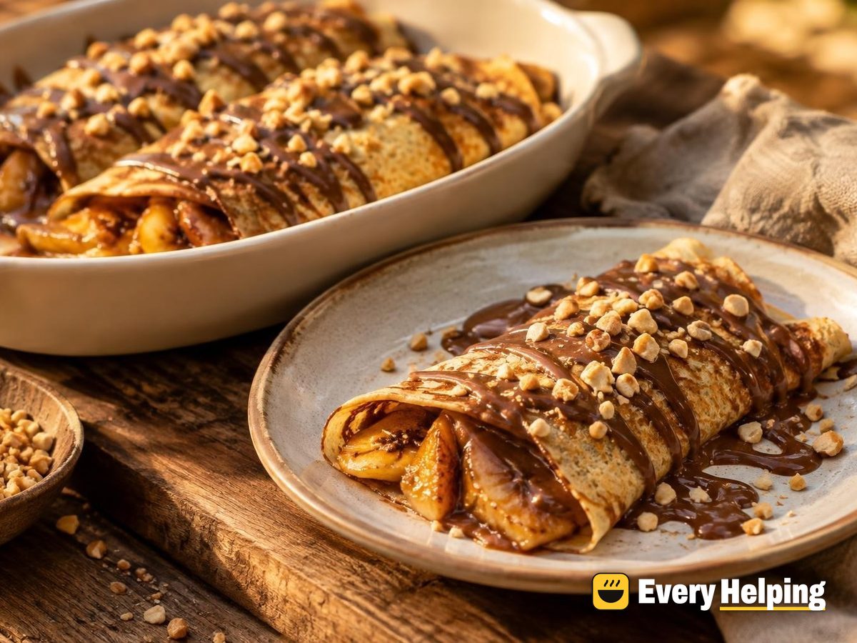 Caramelized Banana Crêpes with Cocoa-Peanut Sauce