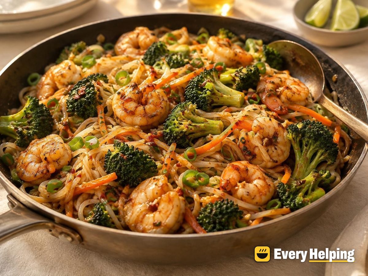 Chili Garlic Shrimp with Broccoli and Rice Noodles