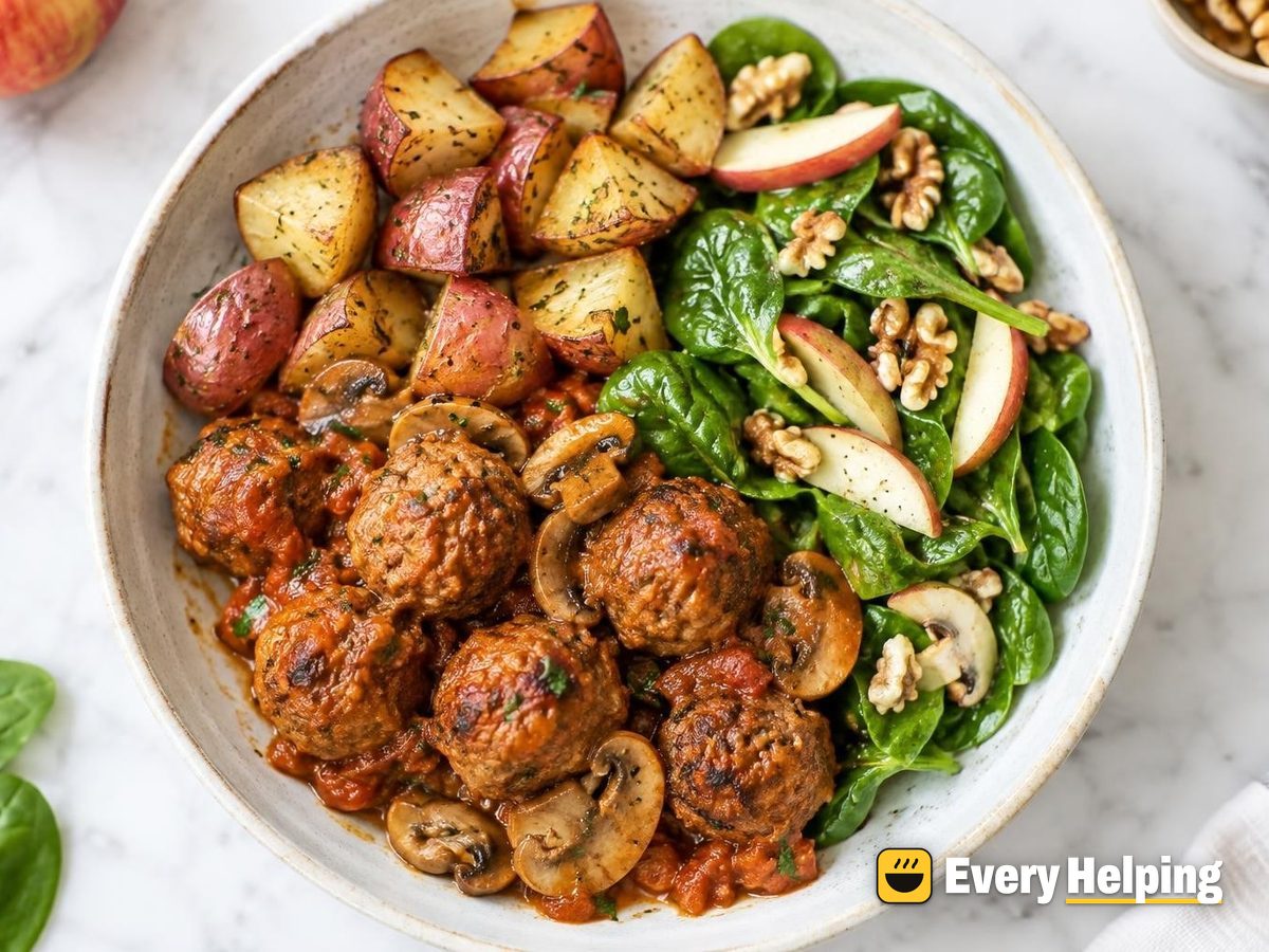 Smoky Paprika Pork-Turkey Meatballs, Mushroom Sauce