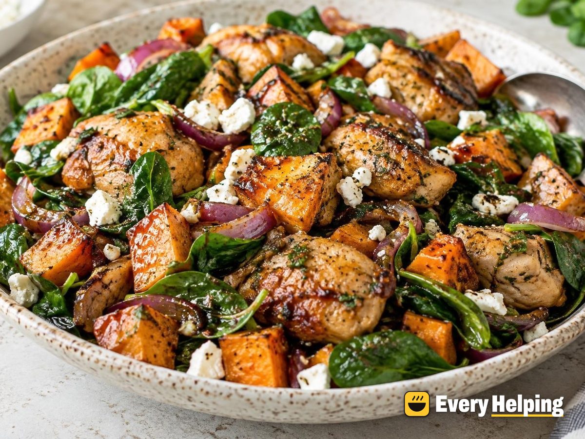 Warm Roasted Sweet Potato Chicken Spinach Salad