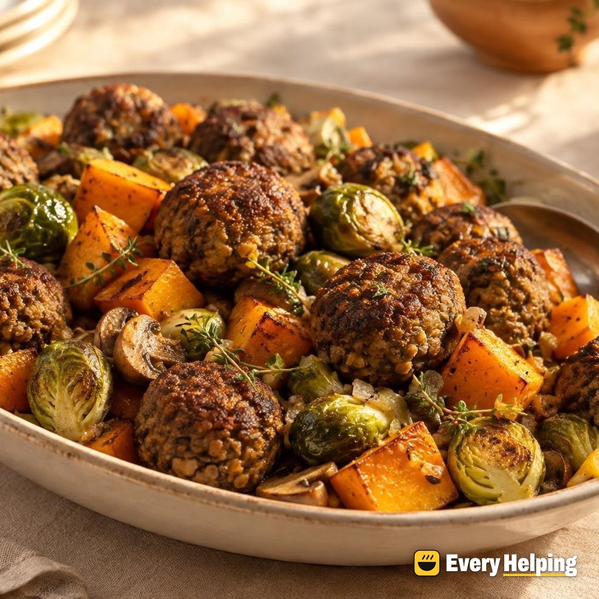 Brown Lentil Mushroom Balls with Roasted Squash