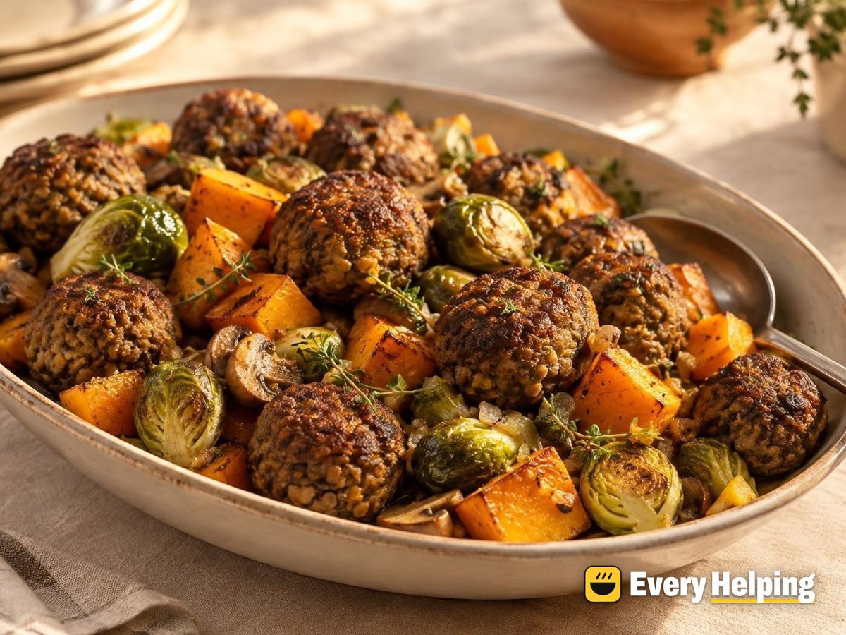 Brown Lentil Mushroom Balls with Roasted Squash