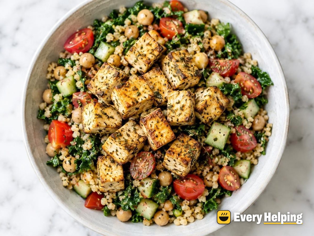 Crispy Oregano Tofu, Bulgur and Chickpea Salad