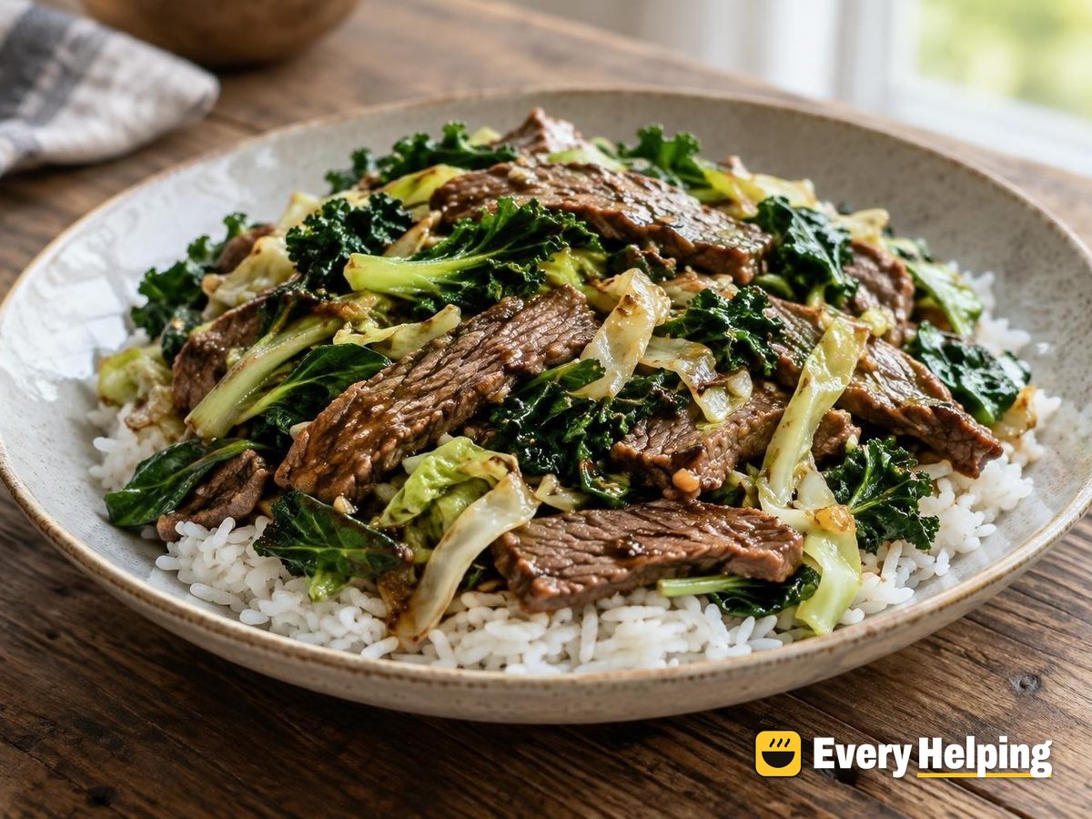 Ginger Garlic Flank Steak with Cabbage and Kale