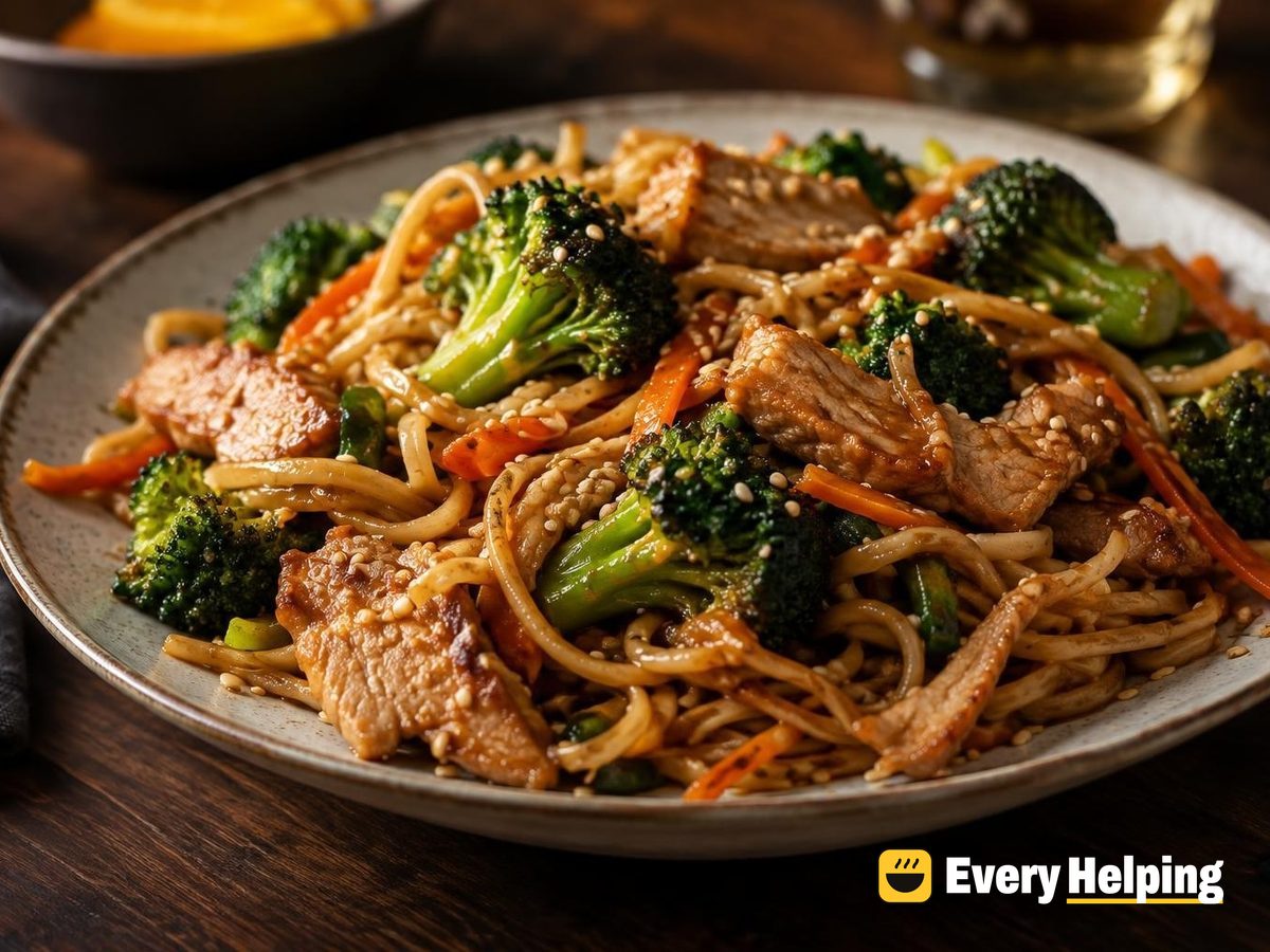 Orange Ginger Pork Lo Mein with Broccoli