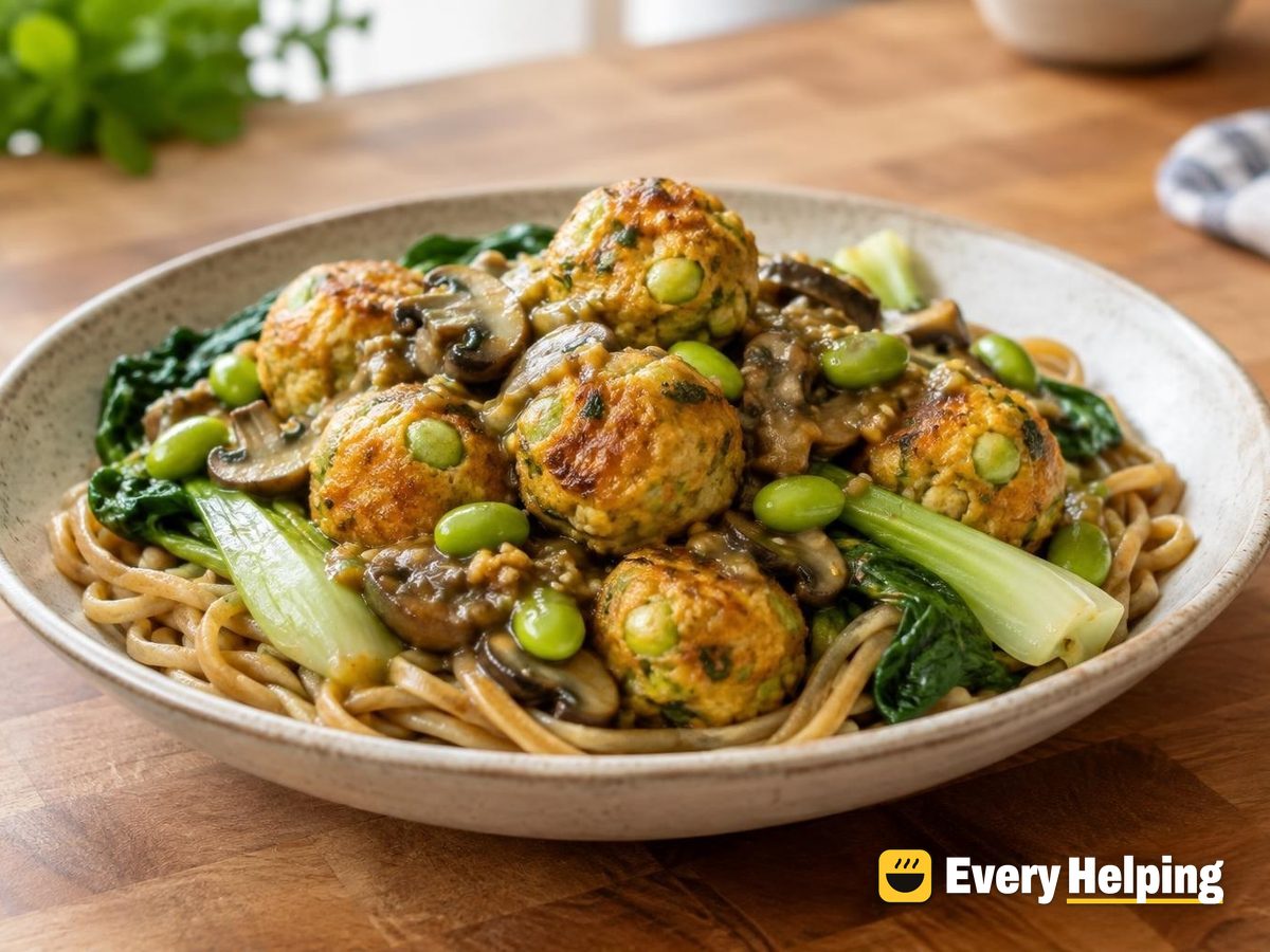 Tofu-Edamame Balls in Miso Mushroom Sauce