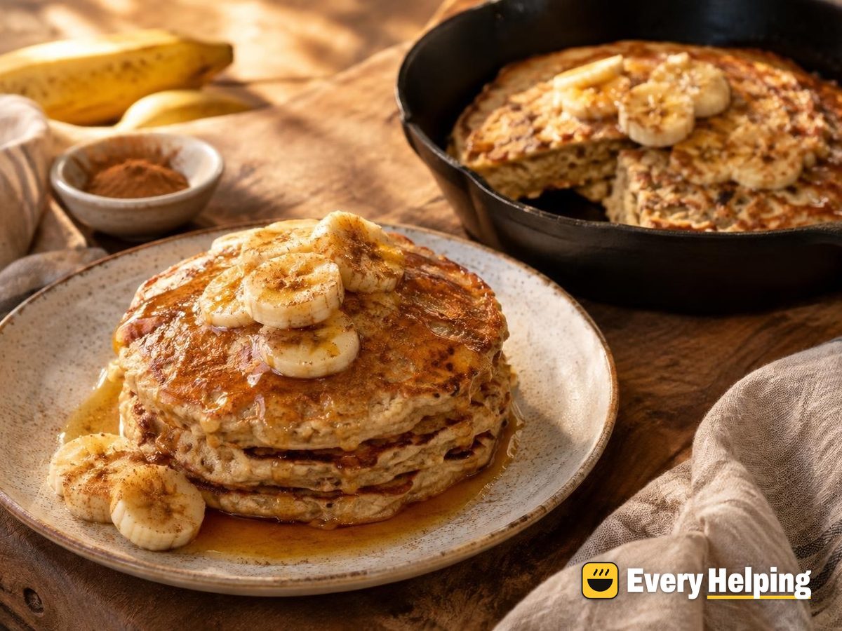 Skillet Banana Oat Pancakes with Maple Drizzle