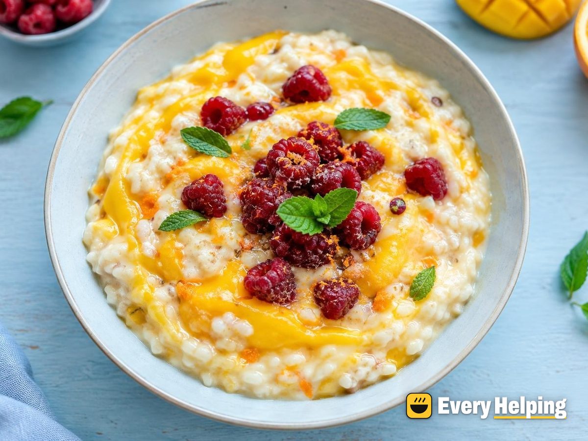 Mango Ricotta Rice Pudding with Orange and Raspberries