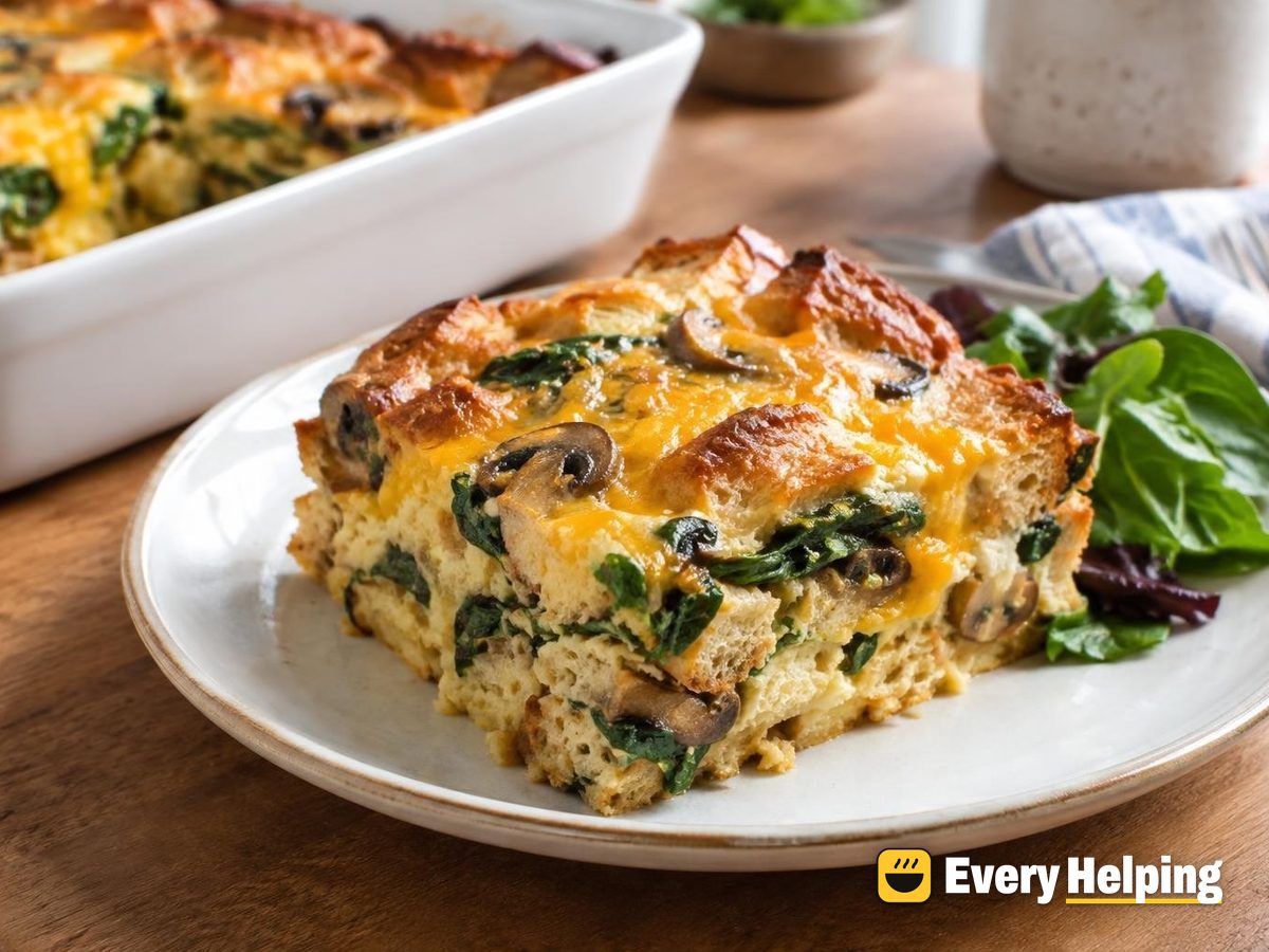 Mushroom, Spinach and Cheddar Breakfast Strata