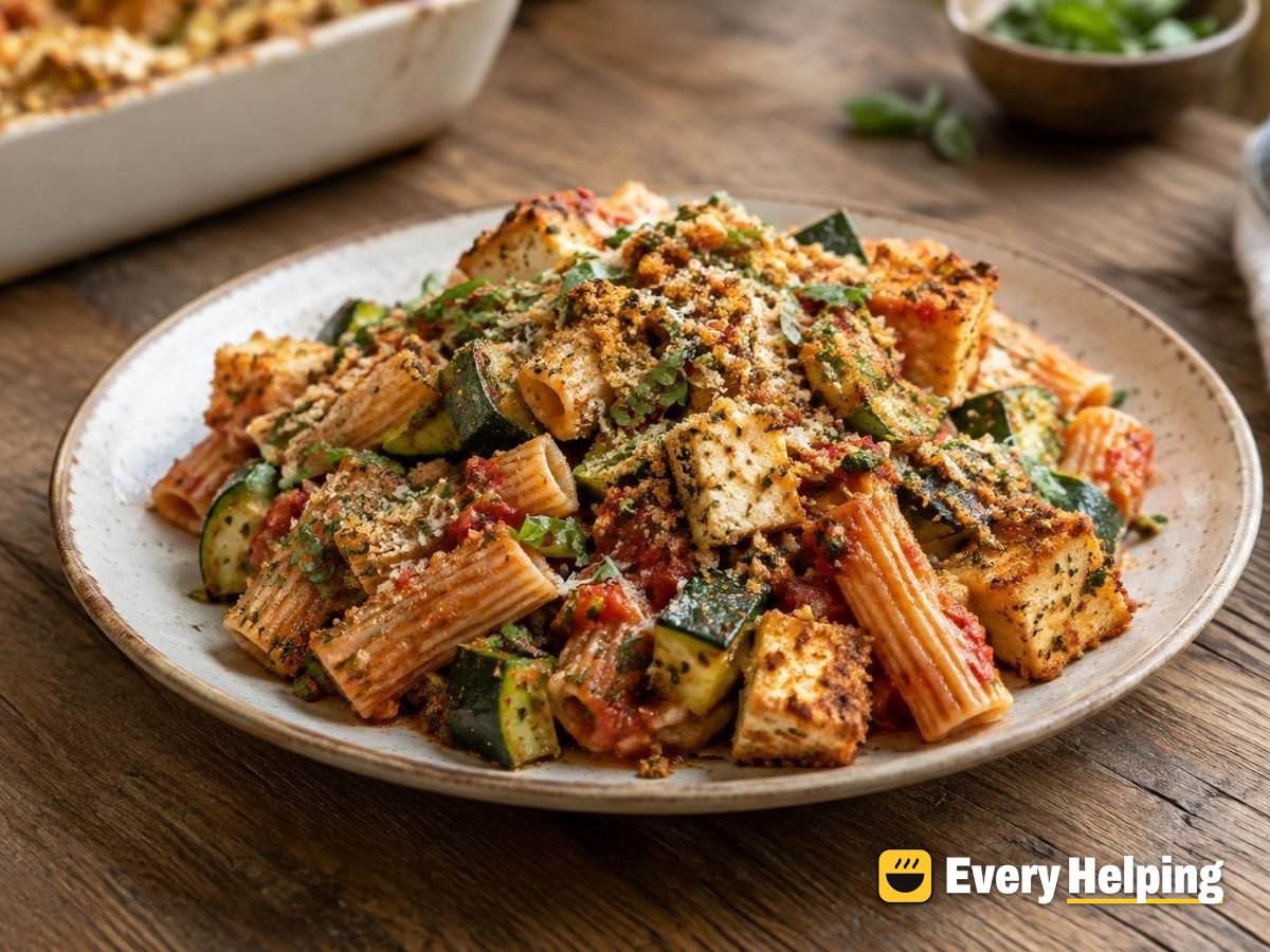 Crispy Tofu Zucchini Pasta Bake with Basil Crumbs