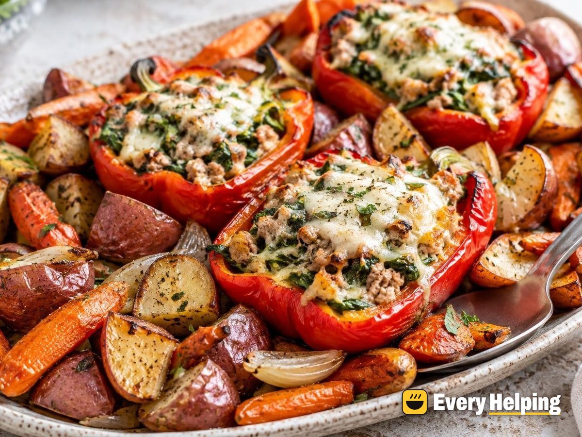 Garlic Herb Chicken-Stuffed Peppers with Roasted Roots