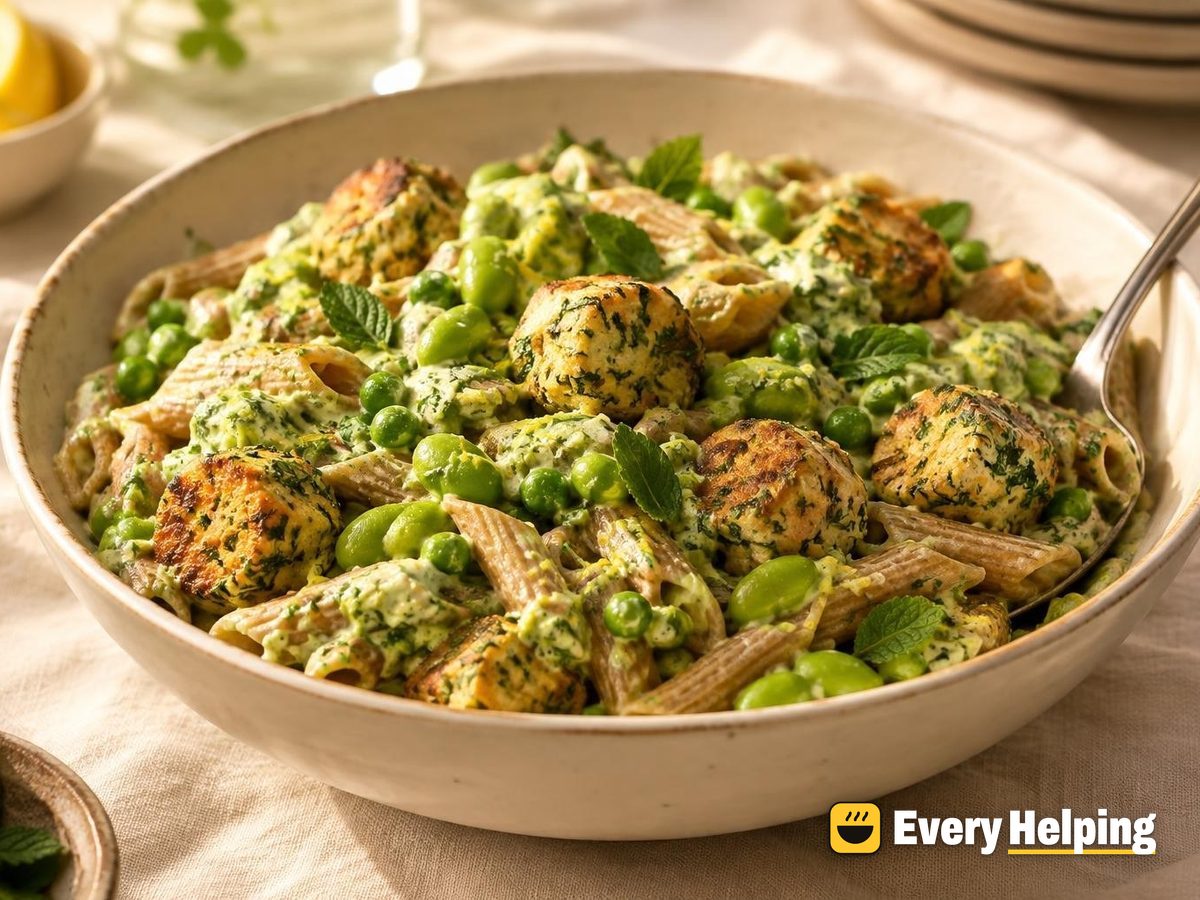 Air-Fryer Tofu-Edamame Balls with Mint-Pea Pasta