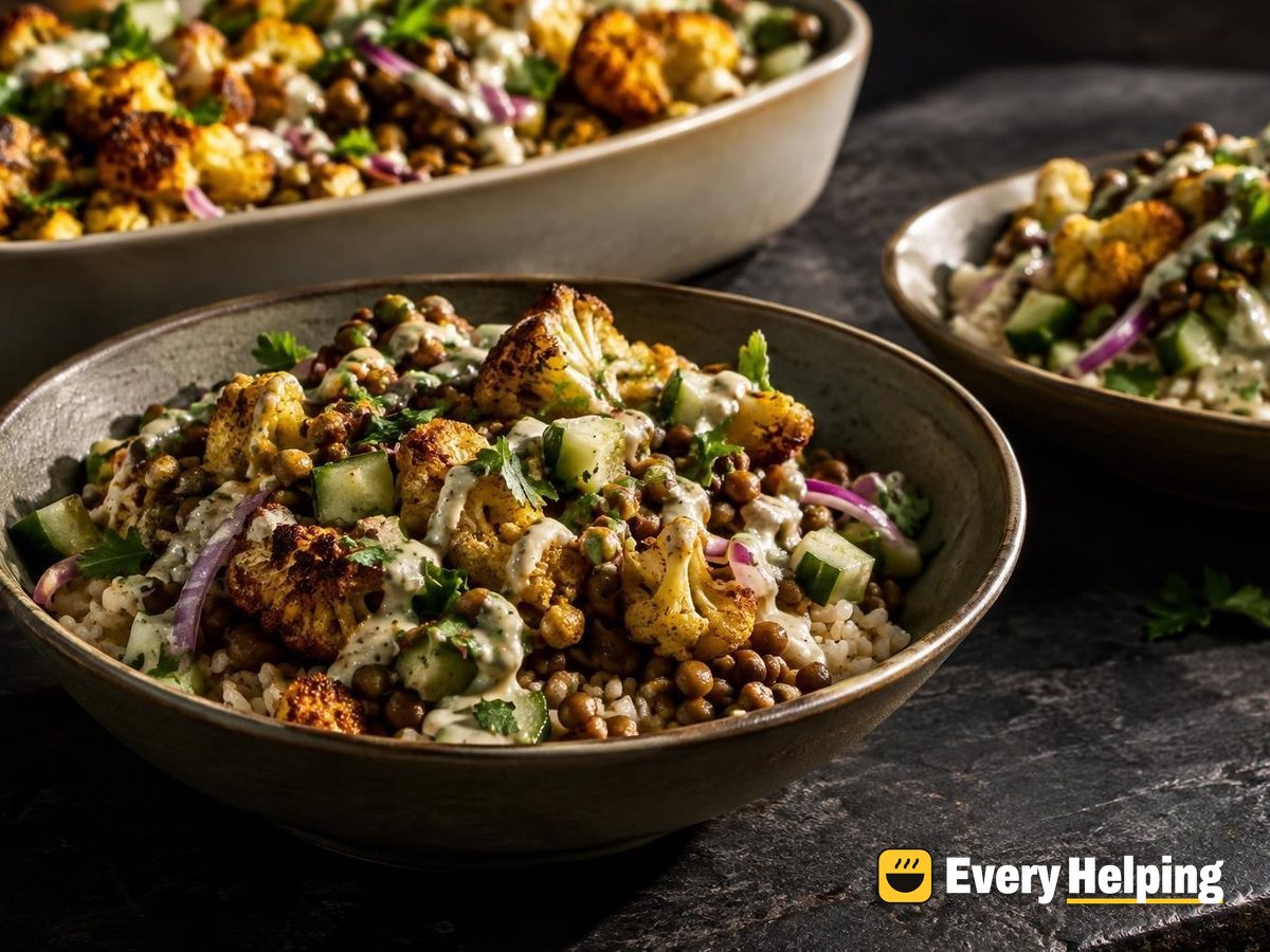 Spiced Lentil and Roasted Cauliflower Rice Bowls