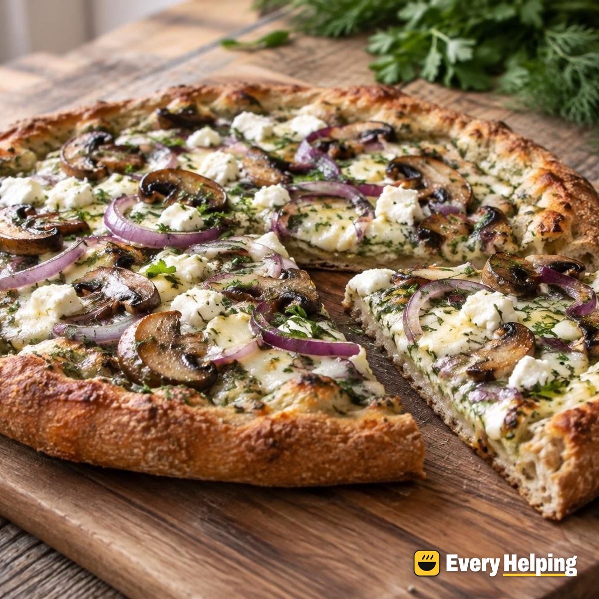 Feta Mushroom Pan Pizzas with Lemon-Dill Sauce