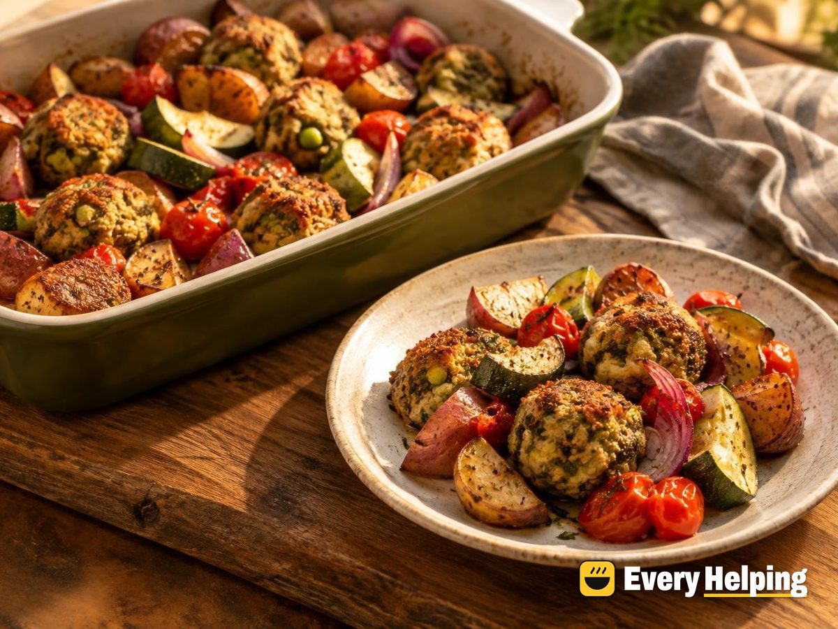 Basil Tofu-Edamame Balls with Roasted Potatoes