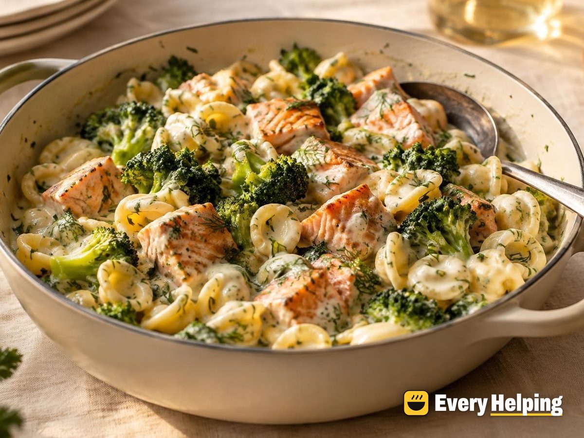 One-Pot Salmon Orecchiette with Dill Yogurt Sauce