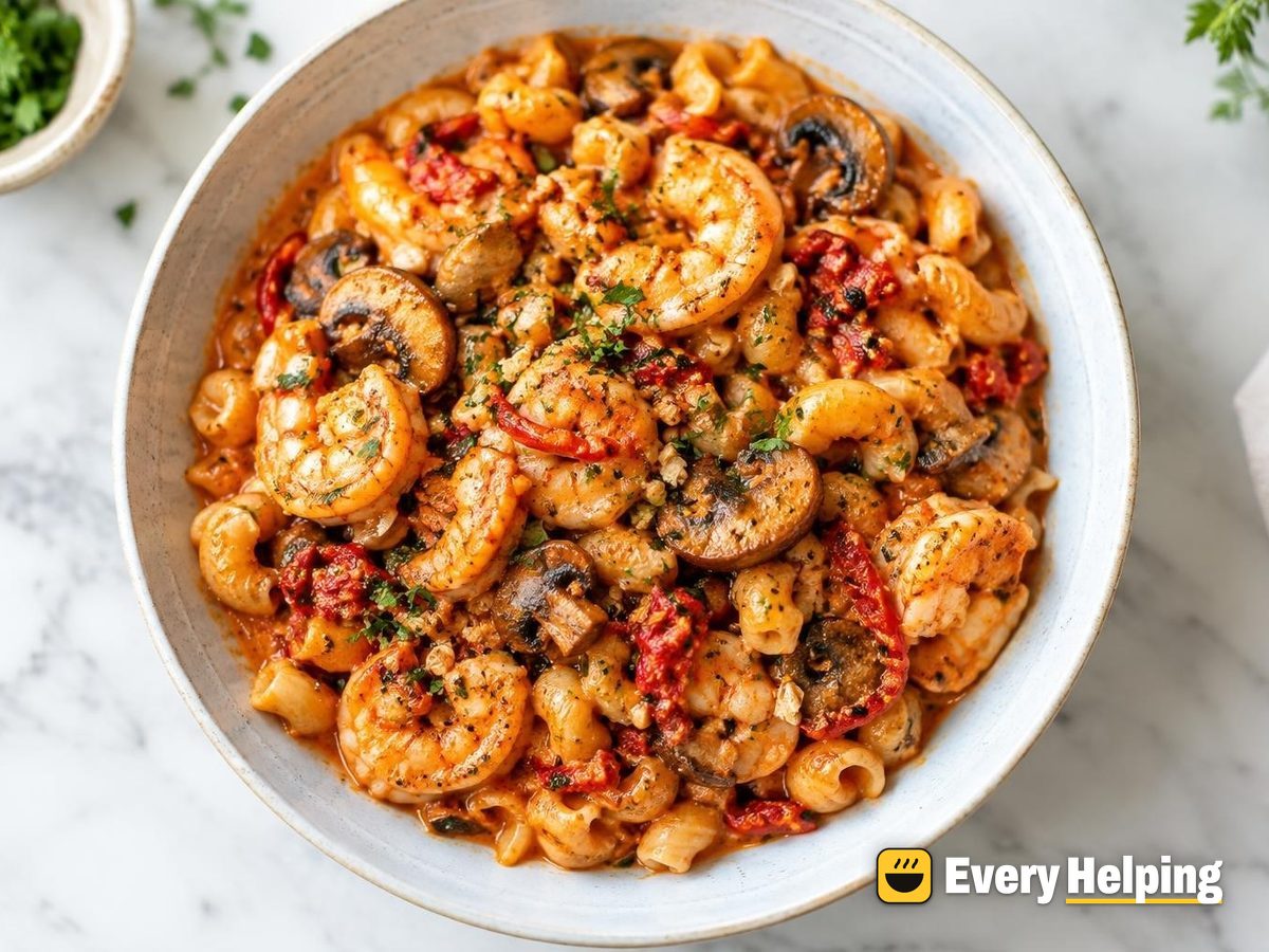 One-Pot Romesco Shrimp and Mushroom Pasta