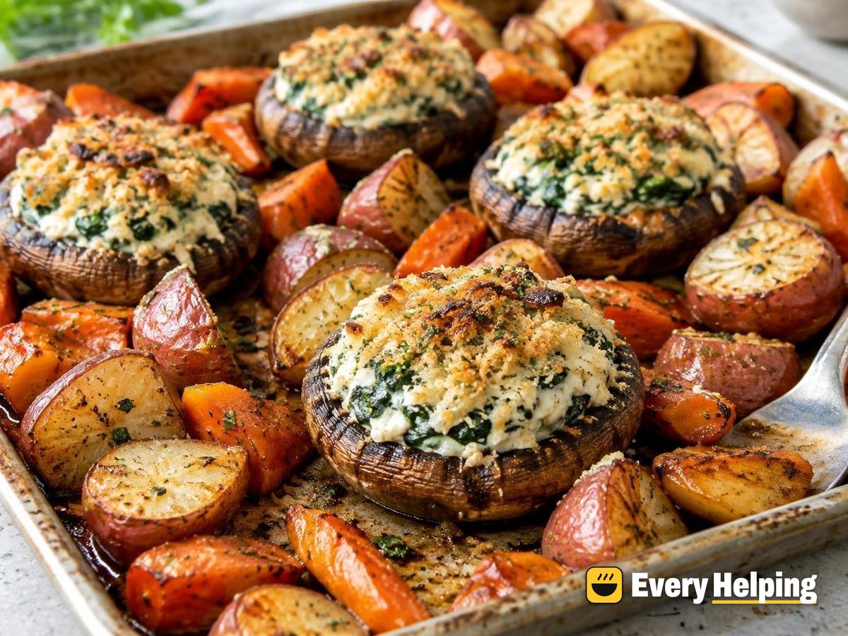 Ricotta-Parmesan Stuffed Mushrooms with Roasted Roots