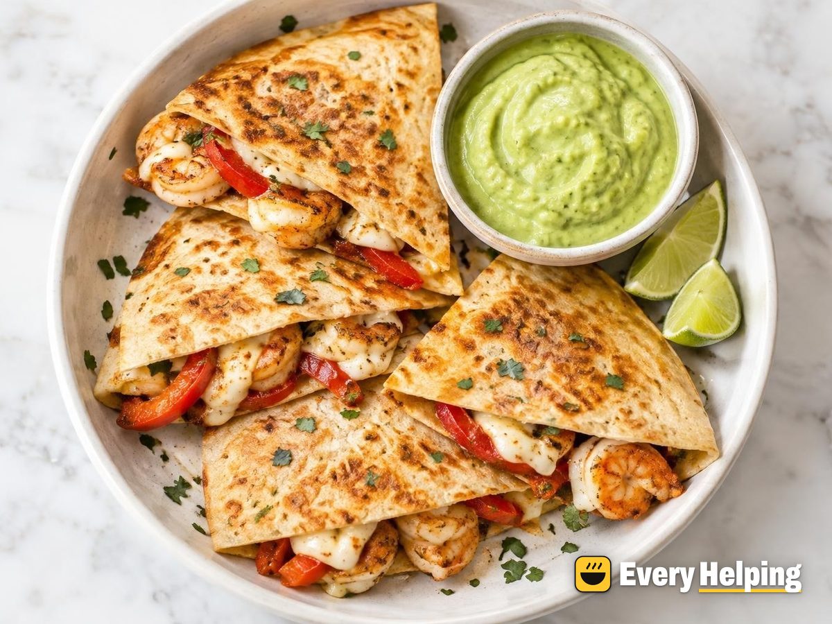 Garlicky Shrimp Quesadillas with Avocado Sauce