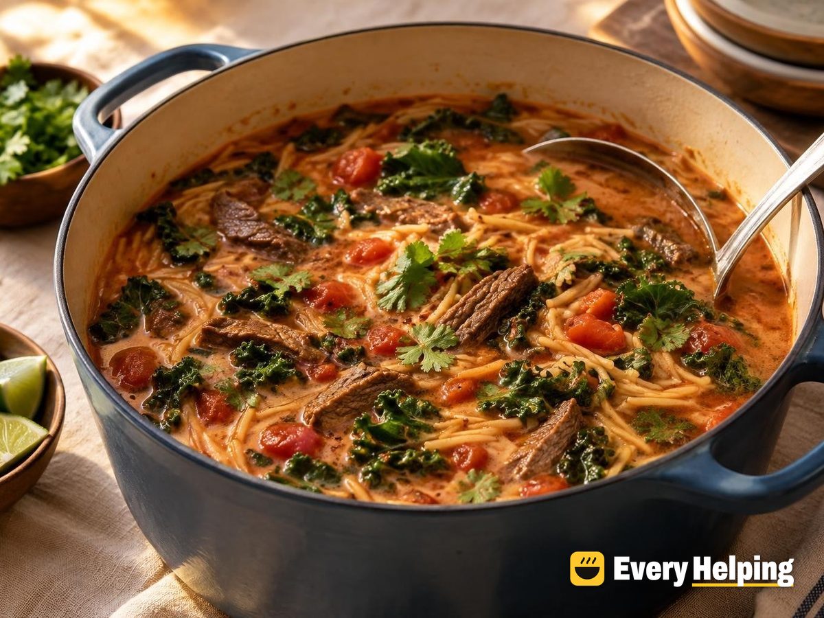 Smoky Beef Fideo Soup with Coconut and Kale