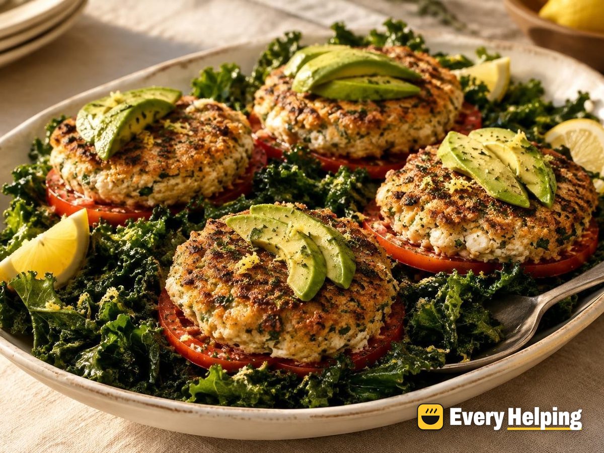 Herby White Bean Burgers over Lemony Greens