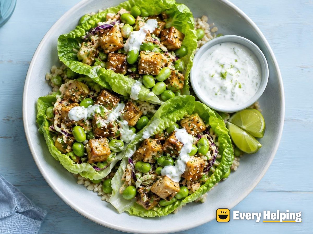 Crispy Sesame Tofu Lettuce Wraps with Edamame