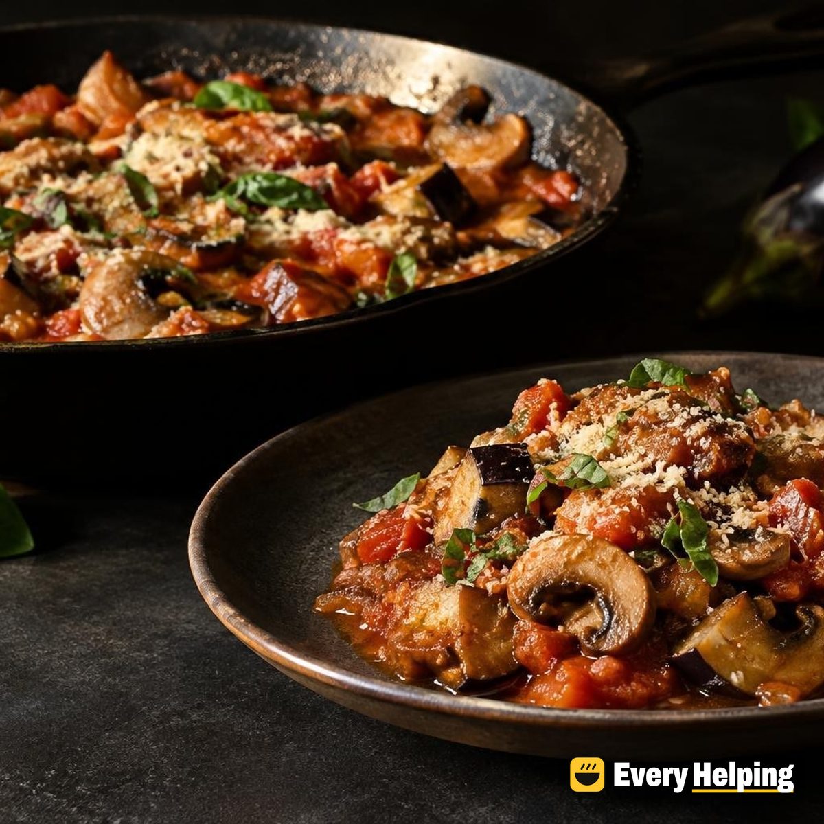 Skillet Mushroom Eggplant Tomato Parmesan Sauce