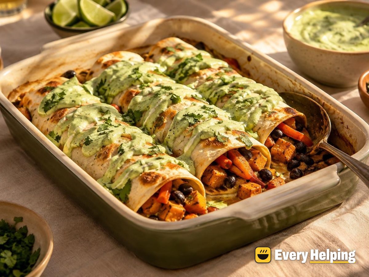 Roasted Sweet Potato Burritos with Avocado Sauce