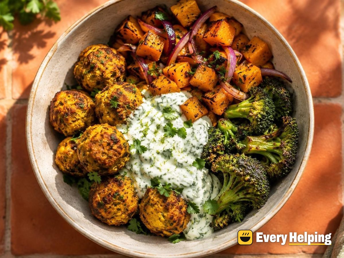 Ginger-Turmeric Tofu Balls with Mint-Cilantro Yogurt