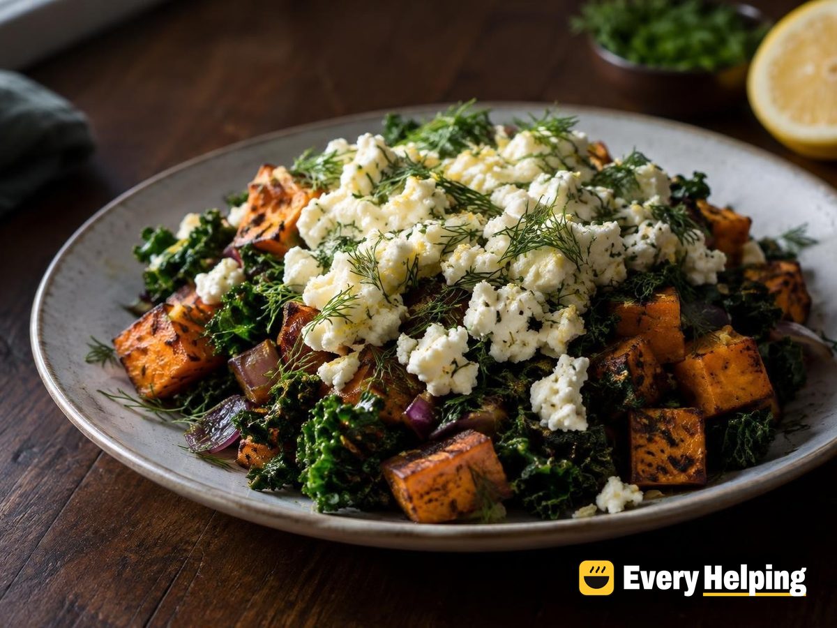 Dill Paneer Crumbles with Sweet Potato Hash