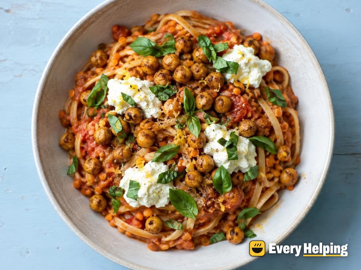 One-Pot Lentil Tomato Basil Noodles, Crispy Chickpeas