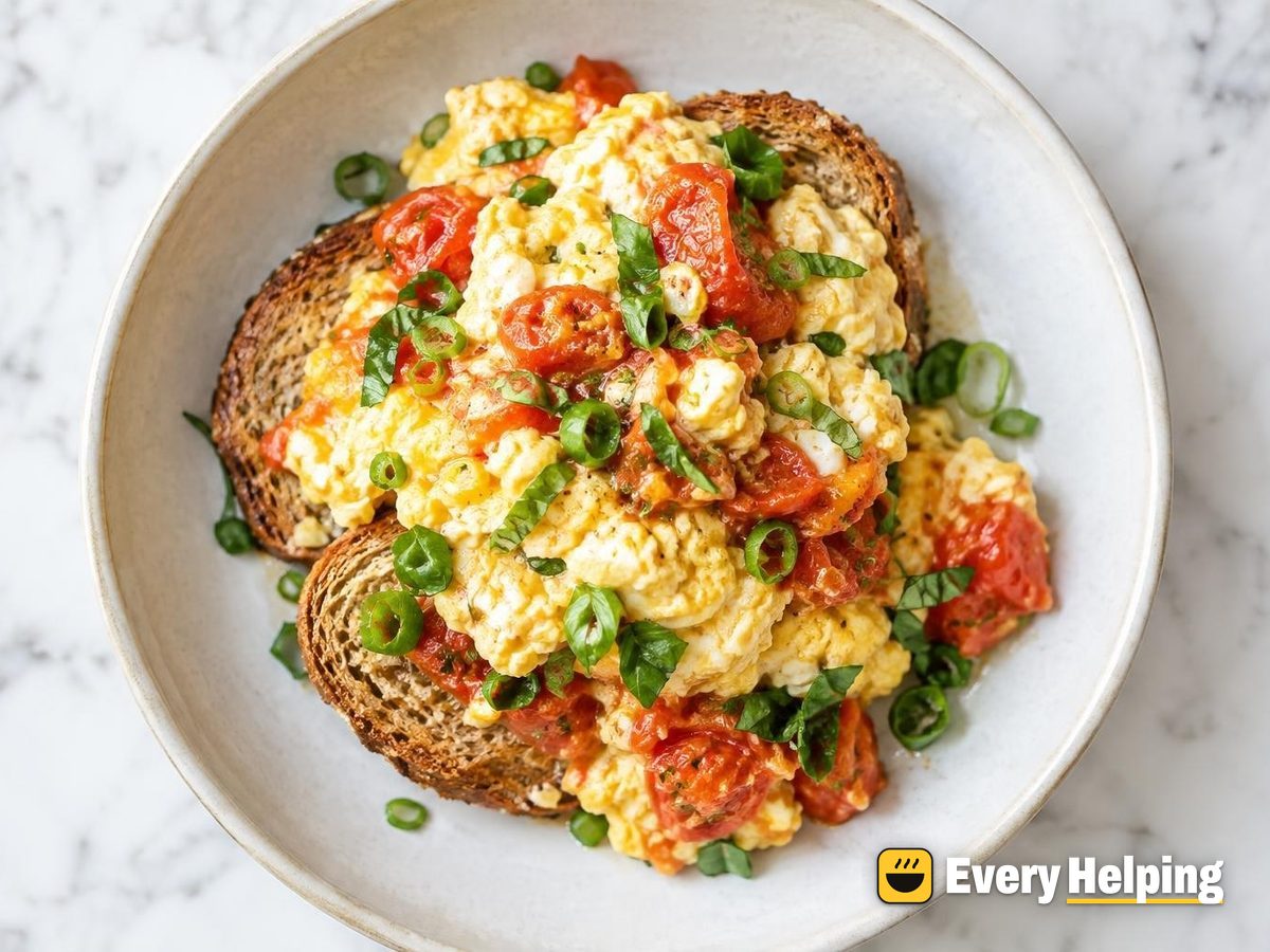 Soft Basil-Chive Tomato Scramble on Toast