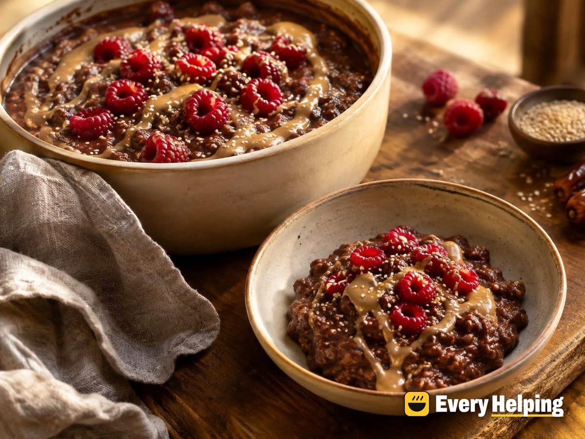Cocoa Tahini Porridge with Dates and Raspberries