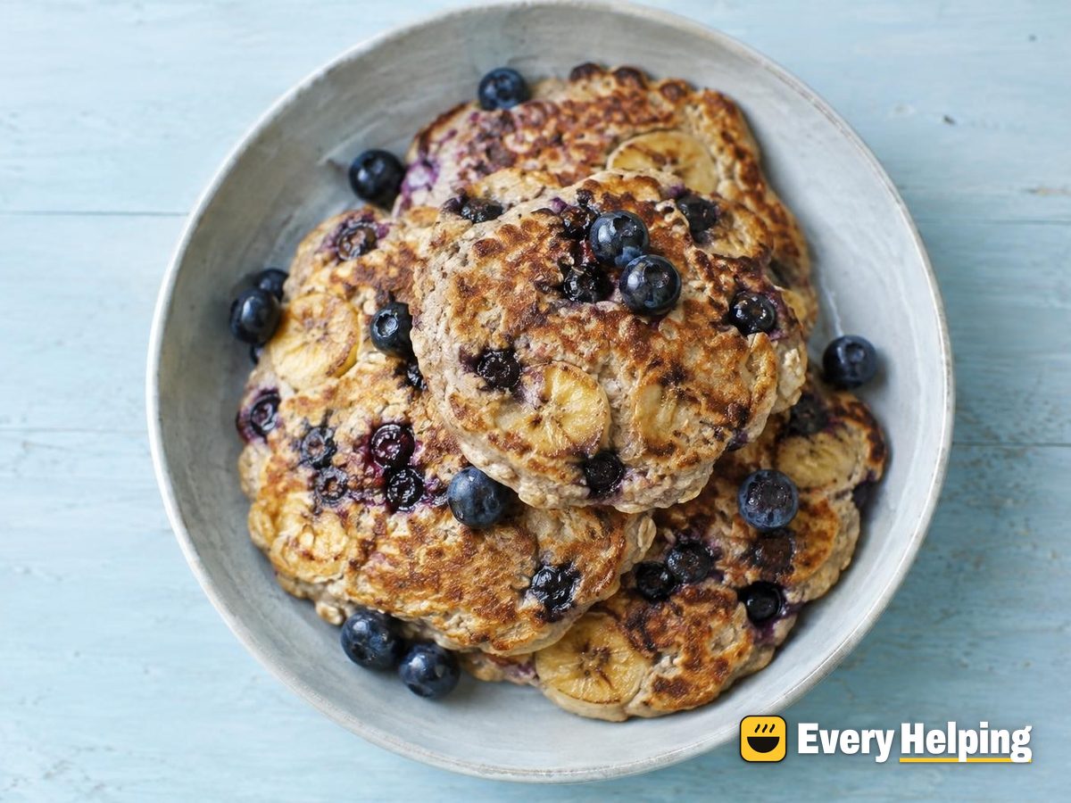 Overnight Soaked Banana Oat Pancakes with Blueberries