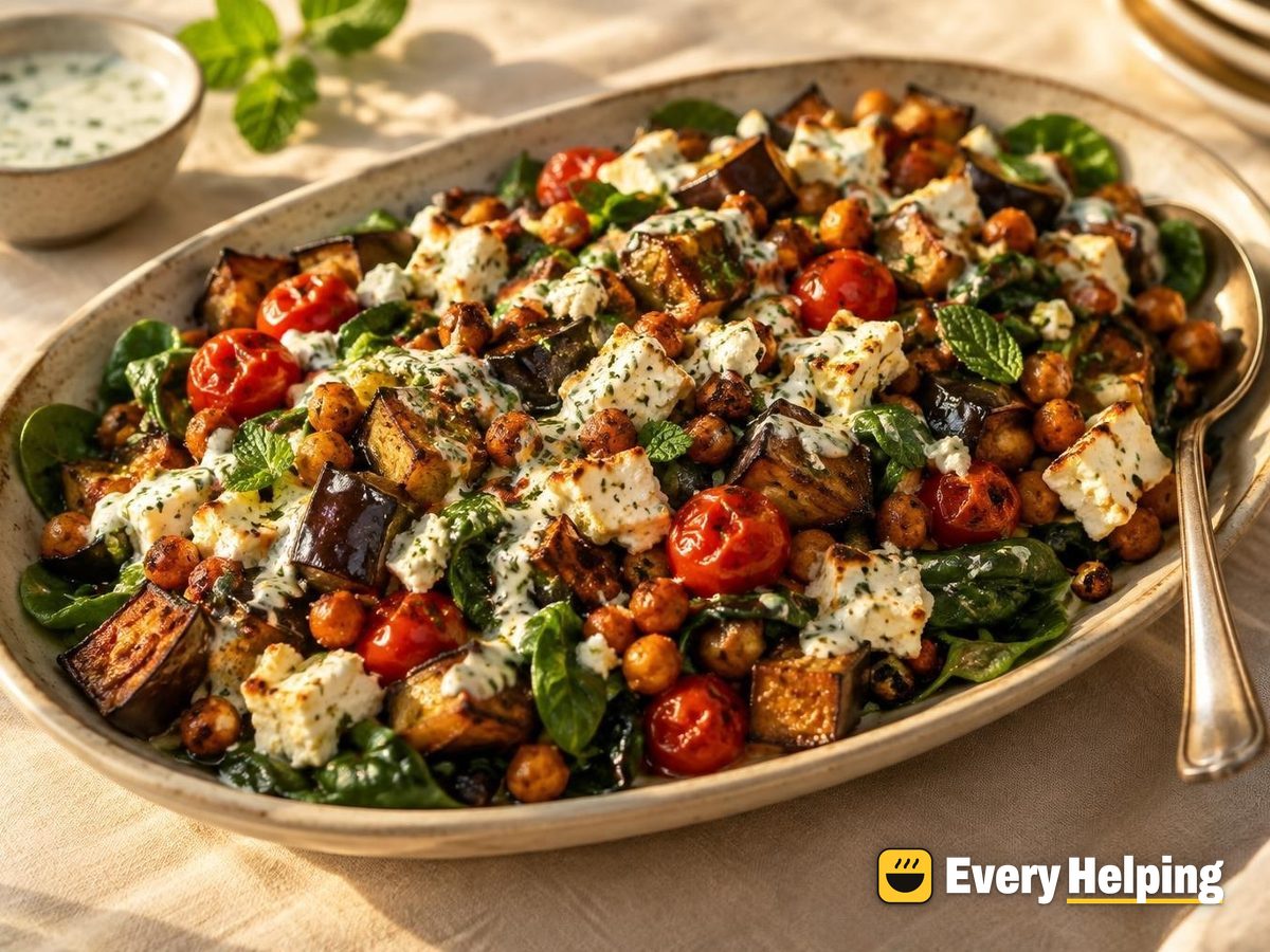 Warm Roasted Eggplant, Chickpea and Feta Salad