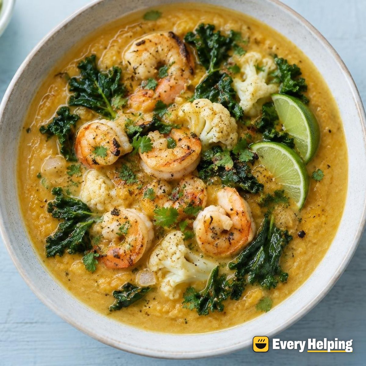 Creamy Red Lentil Soup with Kale and Shrimp