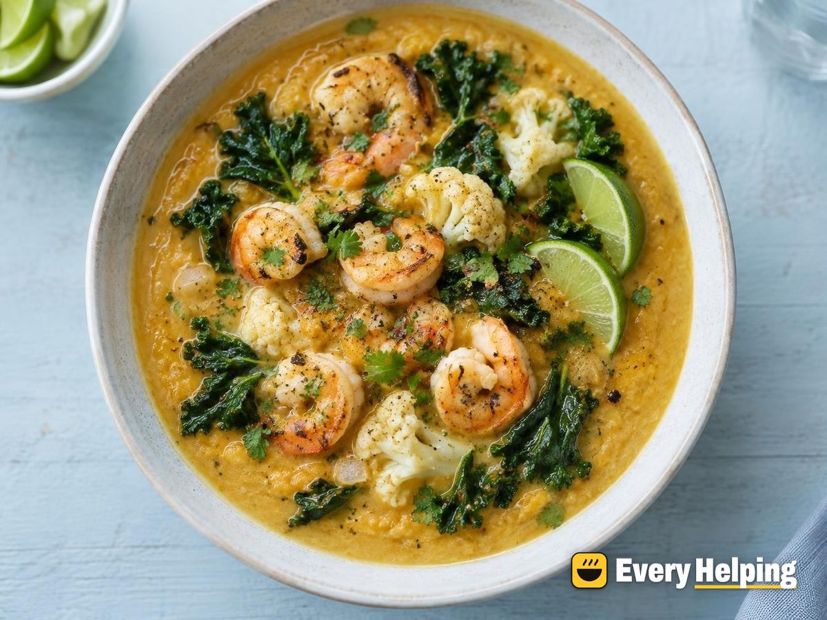 Creamy Red Lentil Soup with Kale and Shrimp