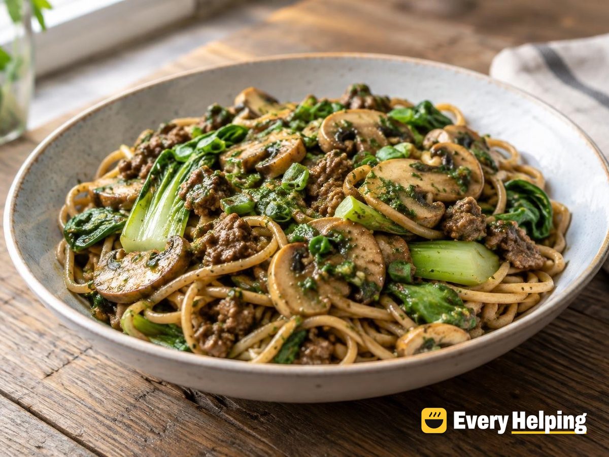 Ginger Beef Mushroom Noodles with Basil-Mint Sauce