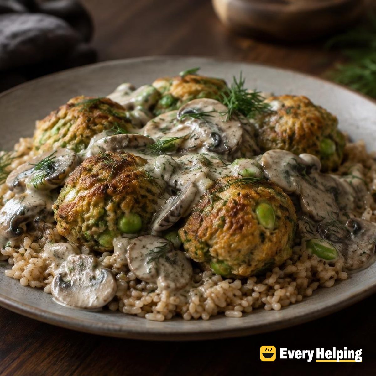 Baked Tofu-Edamame Balls in Dill Mushroom Cream