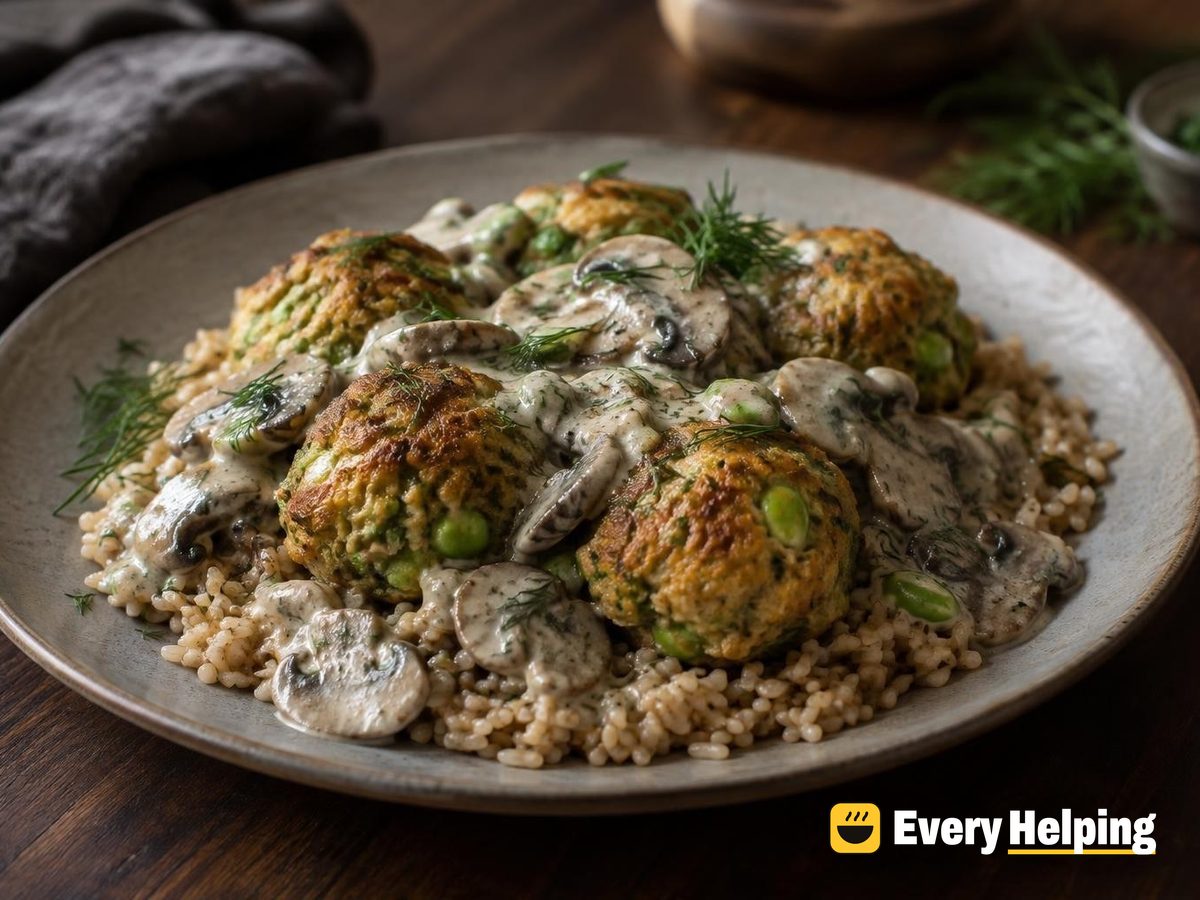 Baked Tofu-Edamame Balls in Dill Mushroom Cream