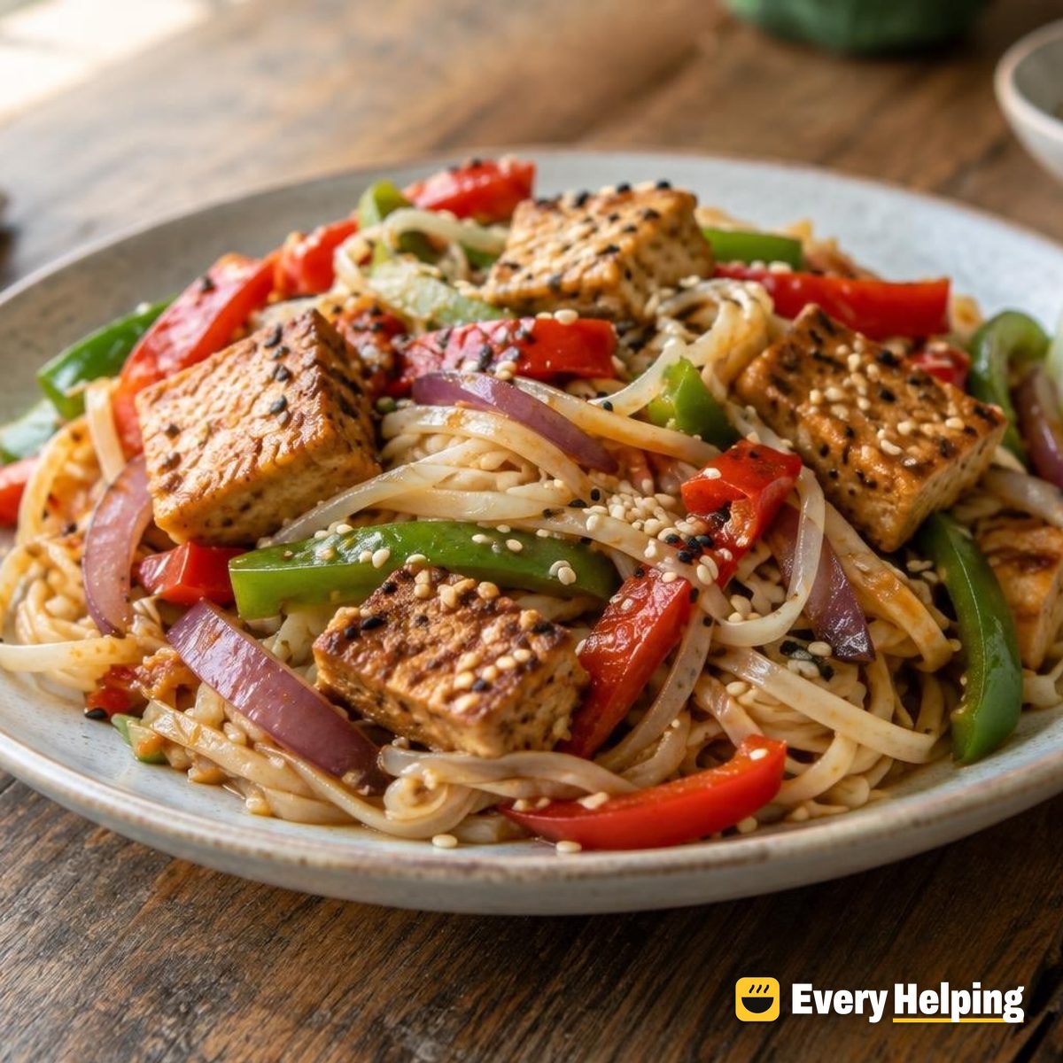 Sesame Ginger Tofu Rice Noodles with Peppers
